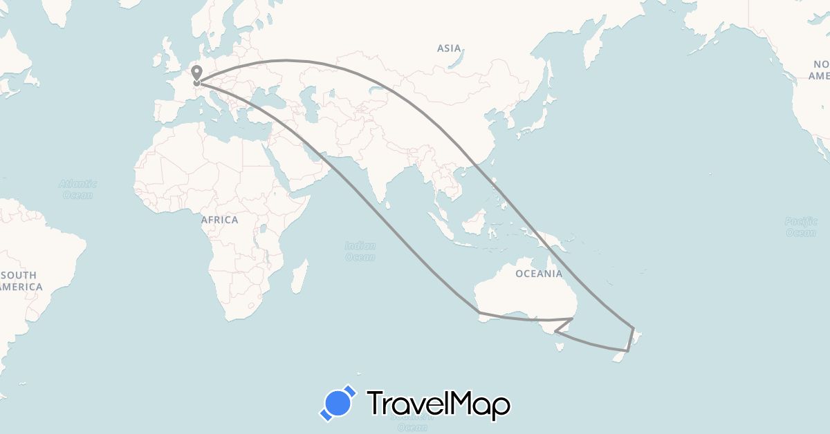 TravelMap itinerary: plane in United Arab Emirates, Australia, France, Hong Kong, New Zealand (Asia, Europe, Oceania)